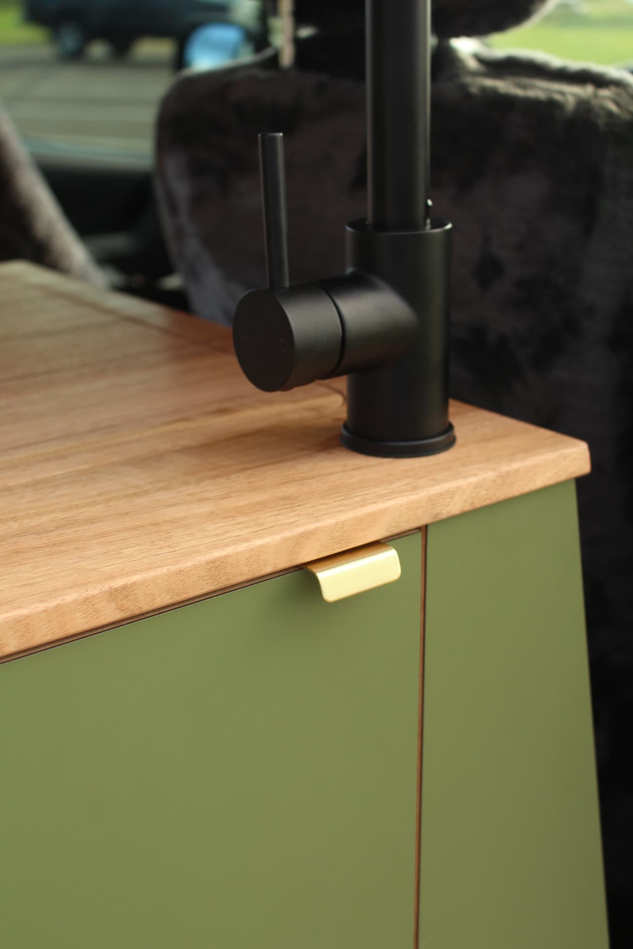 Toyota Hiace 300 Series — Solid hardwood benchtop with brass finger pull